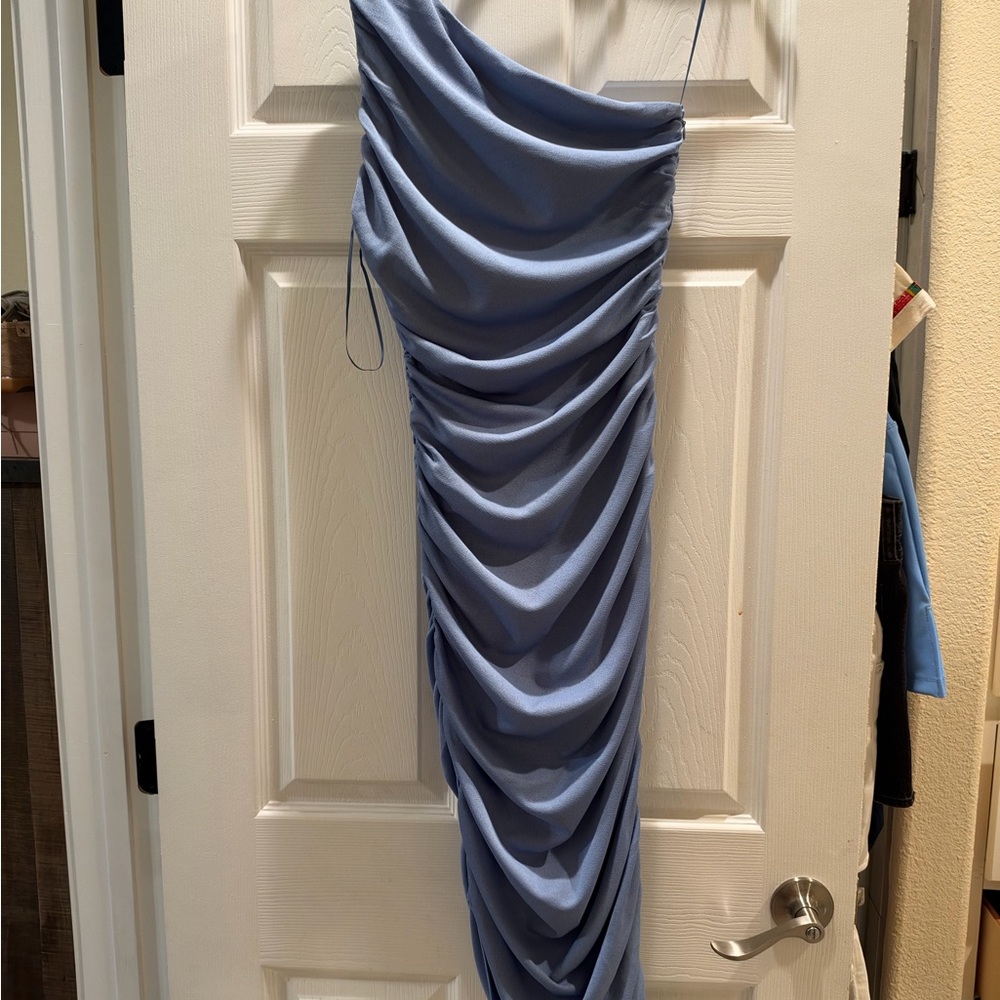 Petal & Pup One-Shoulder Ruched Dress in Dusty Blue
